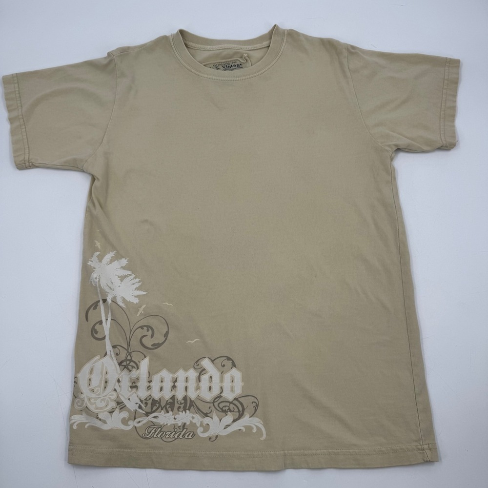 US Vintage Orlando Florida Graphic TShirt Mens Medium Tan Palm Tree Souvenir Tee
